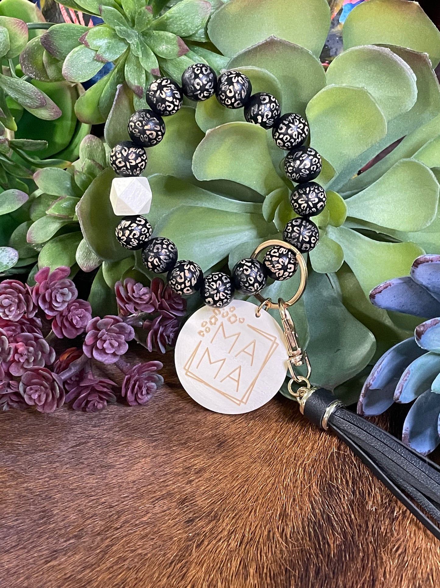 Wood Bead Leopard Wristlet Keychain