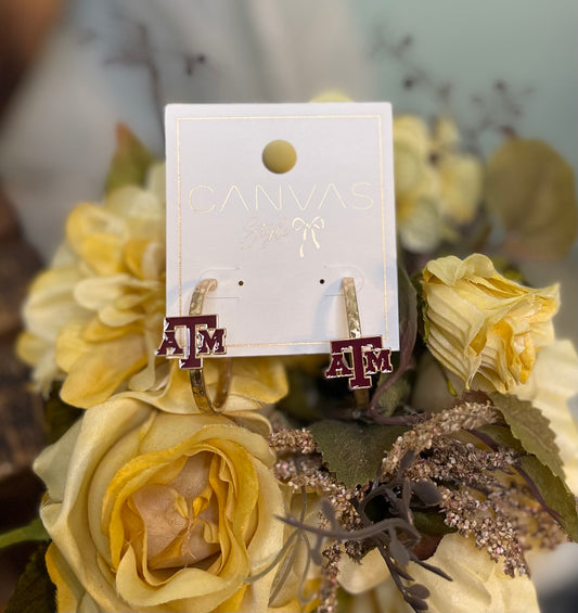 gold plated 1.5" hoop earrings with maroon Texas A&M University logo