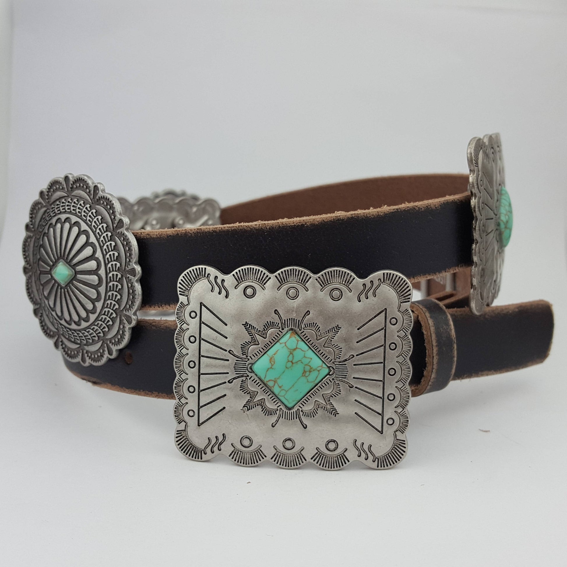 Henly Concho Belt with distressed vintage leather and metal conchos featuring real stone accents – slim western belt for women in adjustable sizes