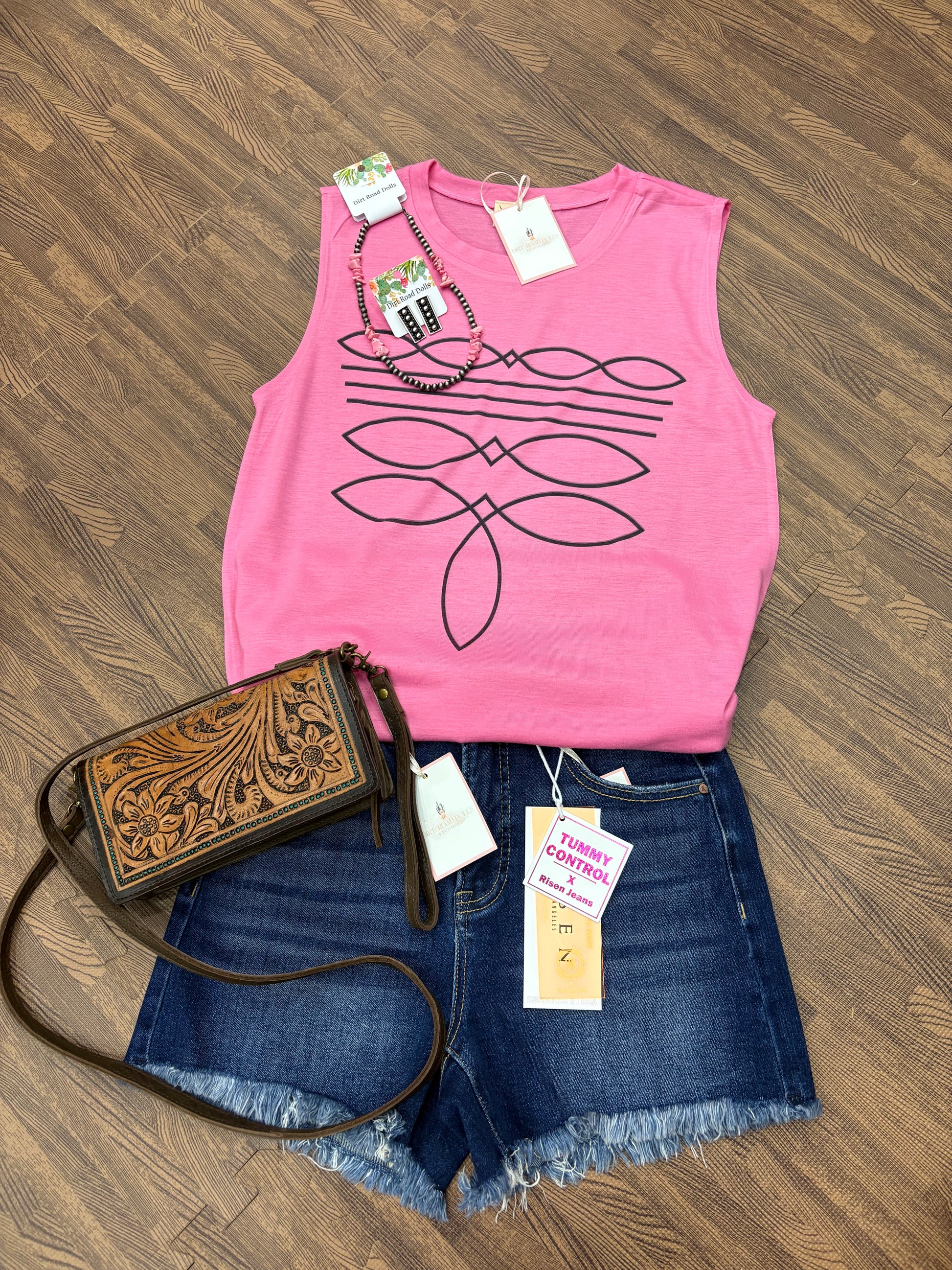 Hattie Boot Stitch Top in soft pink with black western boot stitch print – sleeveless relaxed-fit women’s tank, lightweight and breathable