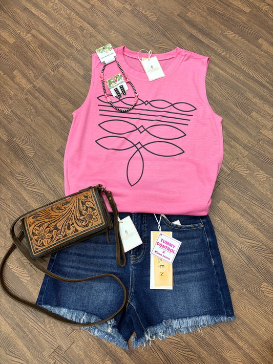 Hattie Boot Stitch Top in soft pink with black western boot stitch print – sleeveless relaxed-fit women’s tank, lightweight and breathable