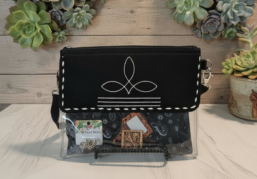 Rodeo Ready Bag Kit featuring 9x11 clear bag with suede boot-stitch top, coordinated wild rag, matching scarf slide, and silver-tone earrings