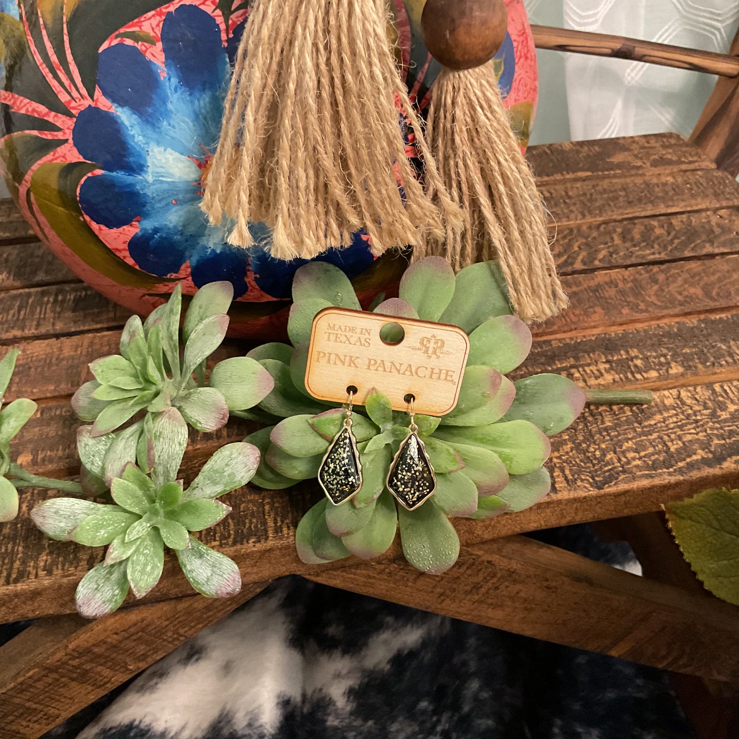 Black and gold sparkling teardrop earrings, approx. 2", lightweight night-out style