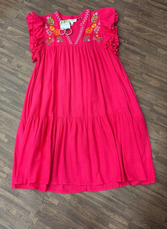 Rivka Embroidered Linen A-Line Dress with split neckline, ruffle sleeves, detailed embroidery, and pom-pom trim in lightweight linen-rayon blend.