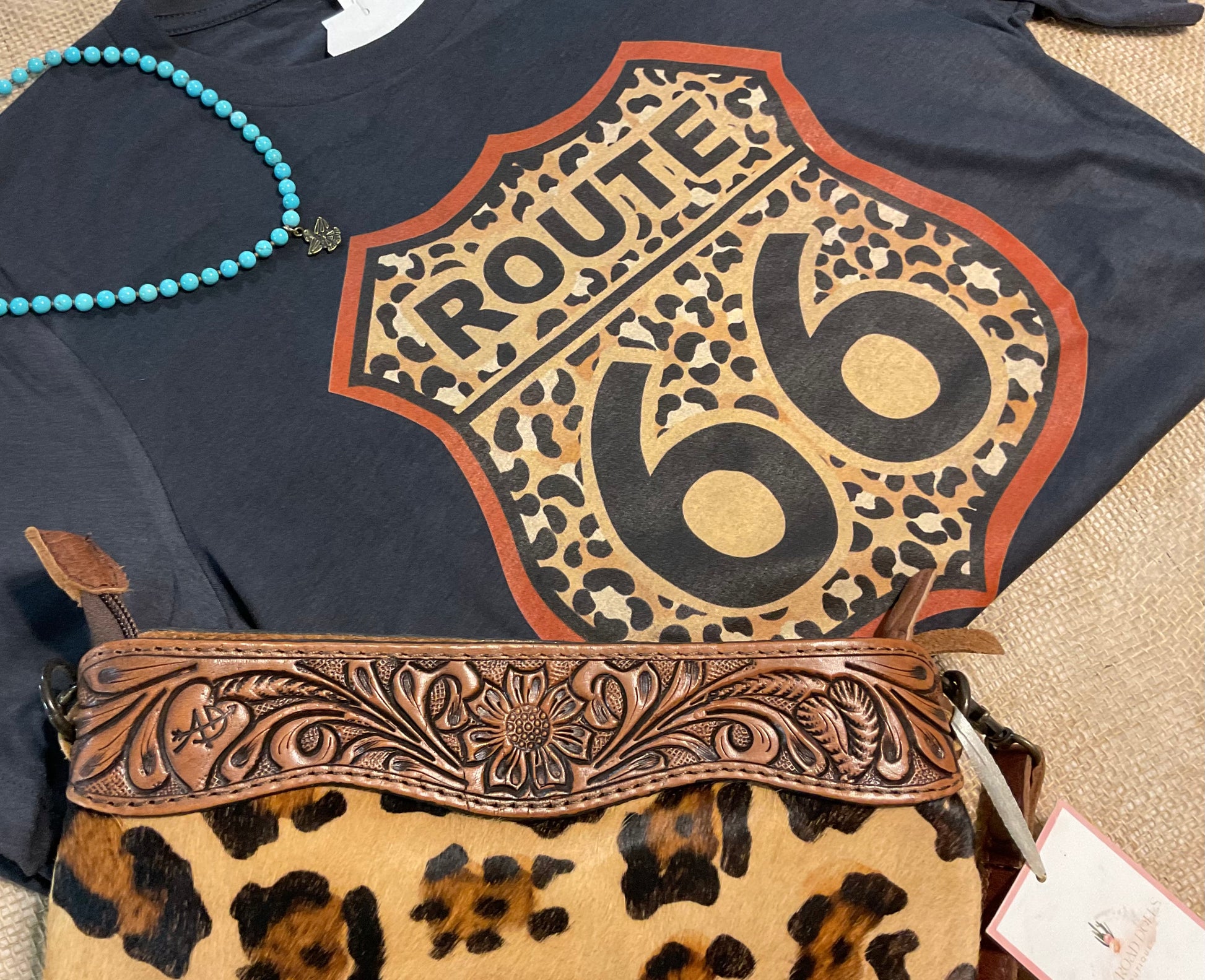Graphite Bella Canvas Route 66 Tee featuring a leopard print Route 66 graphic