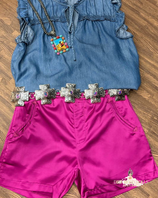 Hot pink satin Classy Babe Shorts with western-inspired pocket detail and flattering side zipper – silky stretch cowgirl shorts for women