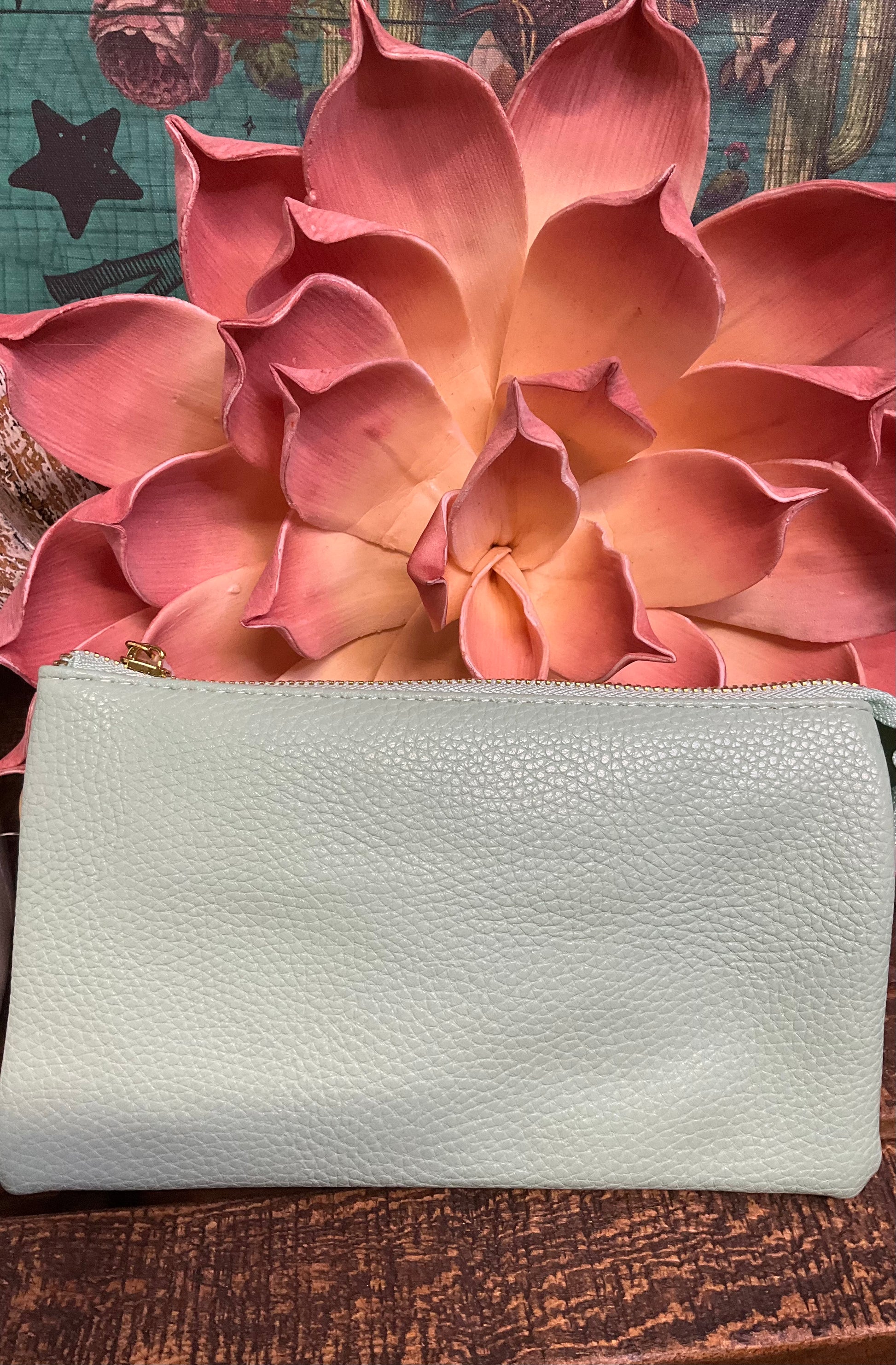 Selma Convertible Bag in textured faux leather with gold-tone fixtures – versatile clutch, wristlet, or crossbody with three zippered compartments and two card slots for organized day-to-night style.