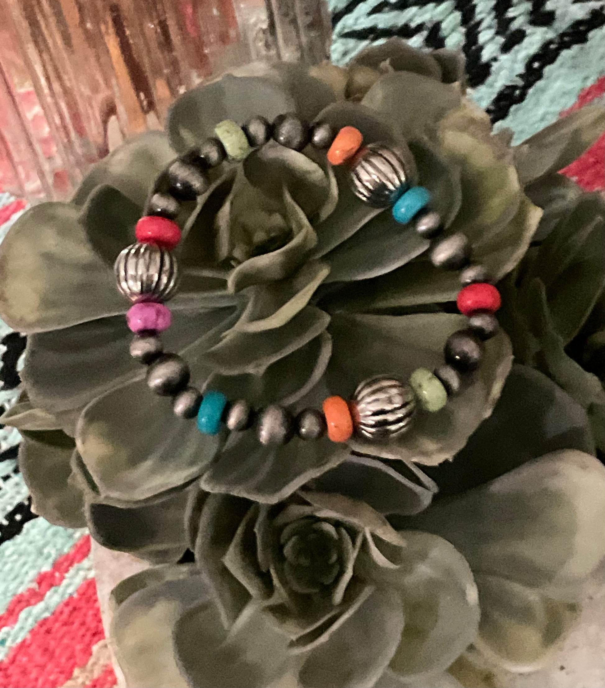 Sonora Sunrise Bracelet featuring vibrant, multi-colored beads in warm earthy tones, perfect for adding a pop of color to your stackable bracelet collection.