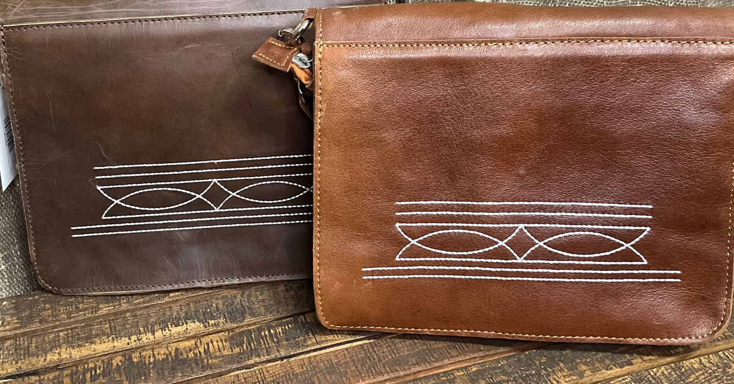 Texarkana Boot Stitch Crossbody in genuine leather with intricate boot stitch embroidery on front, back, and strap – classic western-style crossbody bag with snap flap closure.