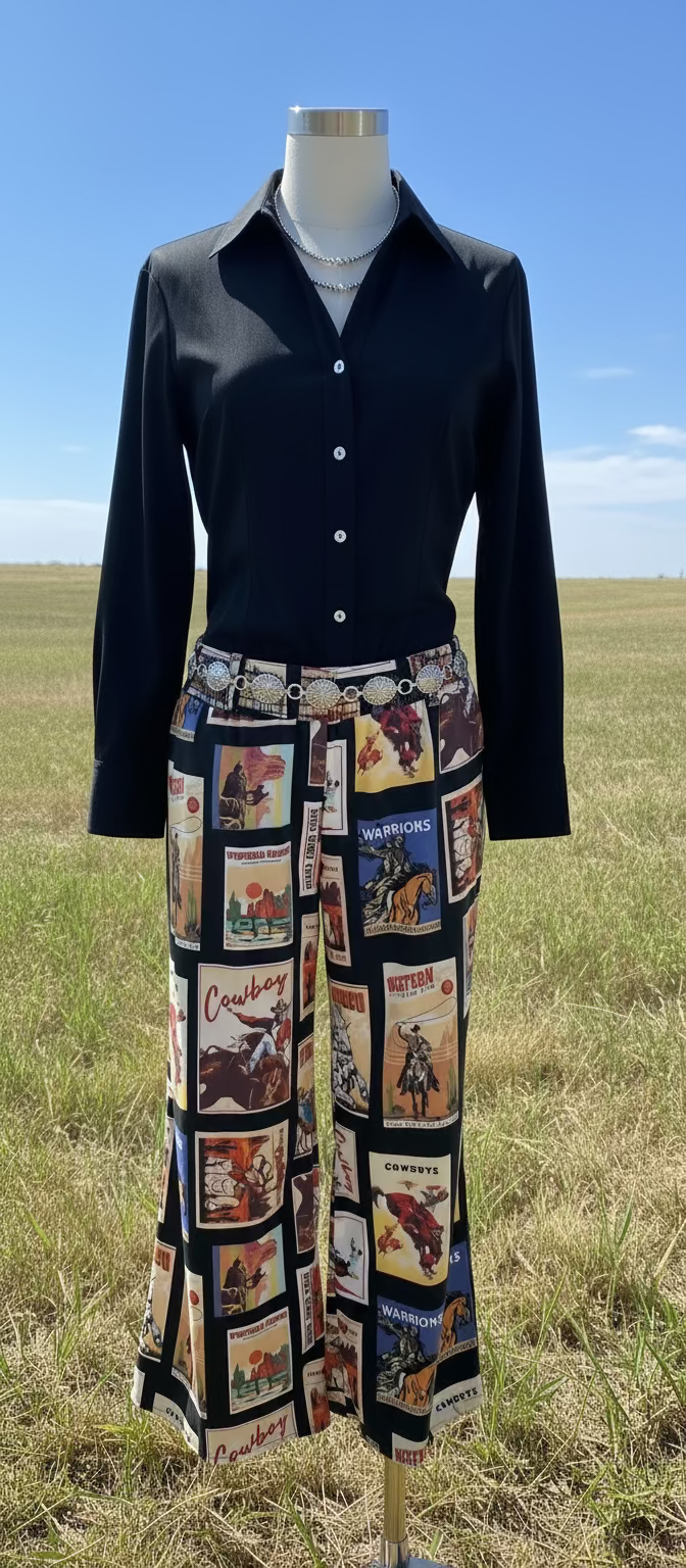 Black palazzo pants with vintage western graphics, featuring a smocked elastic waist. The pants have a wide-leg flowy fit