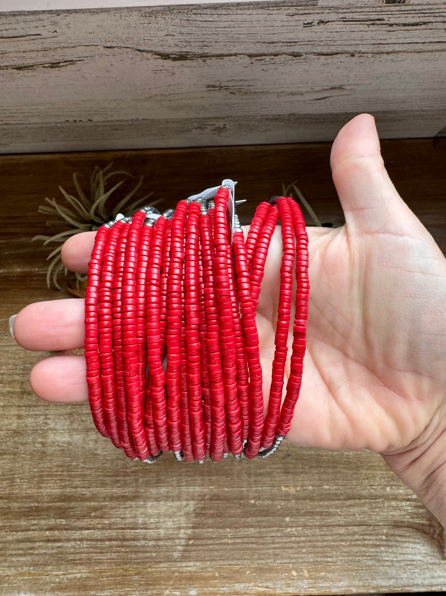 15-Inch Red Magnesite Heishi Necklace ā Sterling Silver Pearls, Handmade