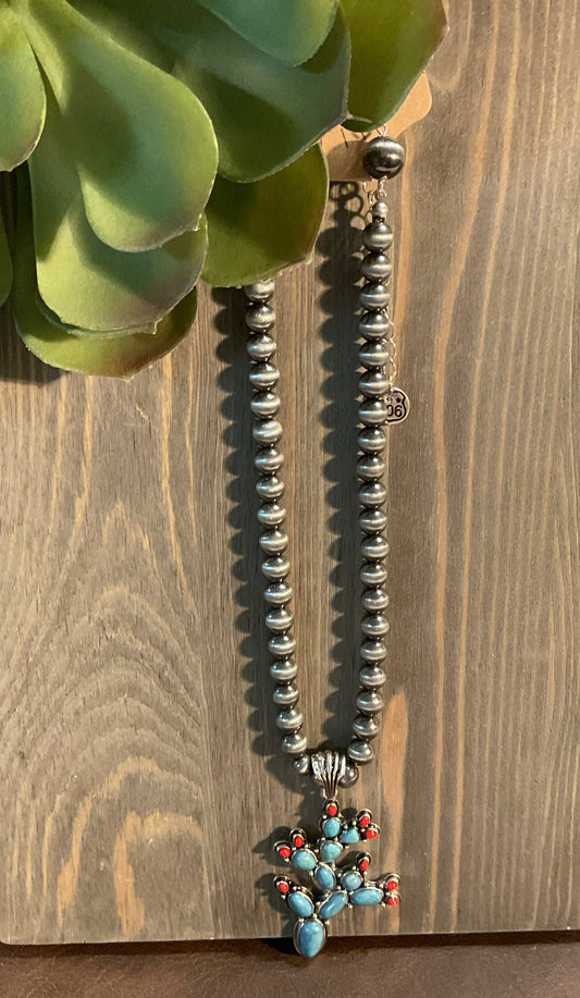 burnished silver toned beaded necklace with turquoise and red stone prickly pear cactus pendant