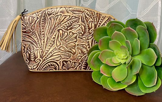Fort Worth Clutch – versatile tooled leather clutch with tassel, transforms into a pouch – stylish western accessory.