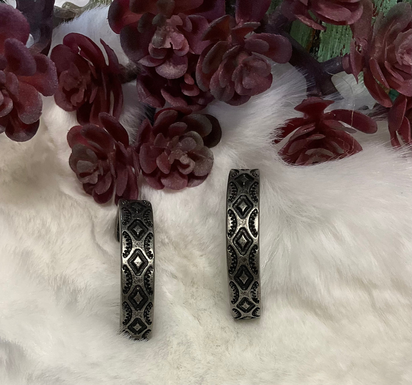 Southwest-inspired Red River Hoop Earrings in faux silver or copper with intricate design, 1.25-inch diameter.