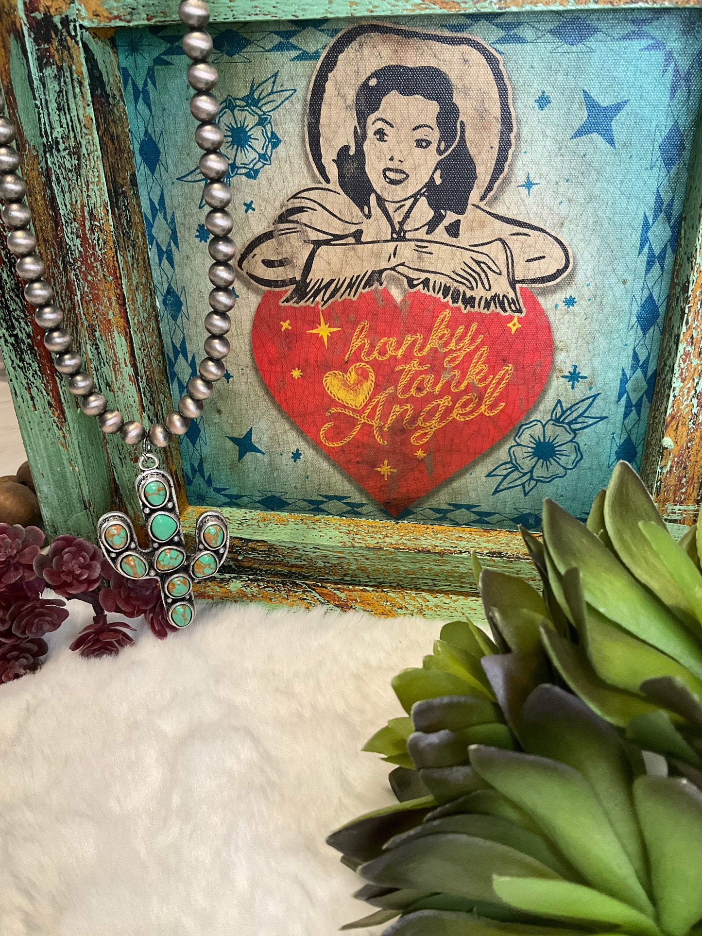 Desert Daze Necklace with faux silver beads featuring a saguaro cactus pendant in faux green turquoise stones – boho western necklace for women