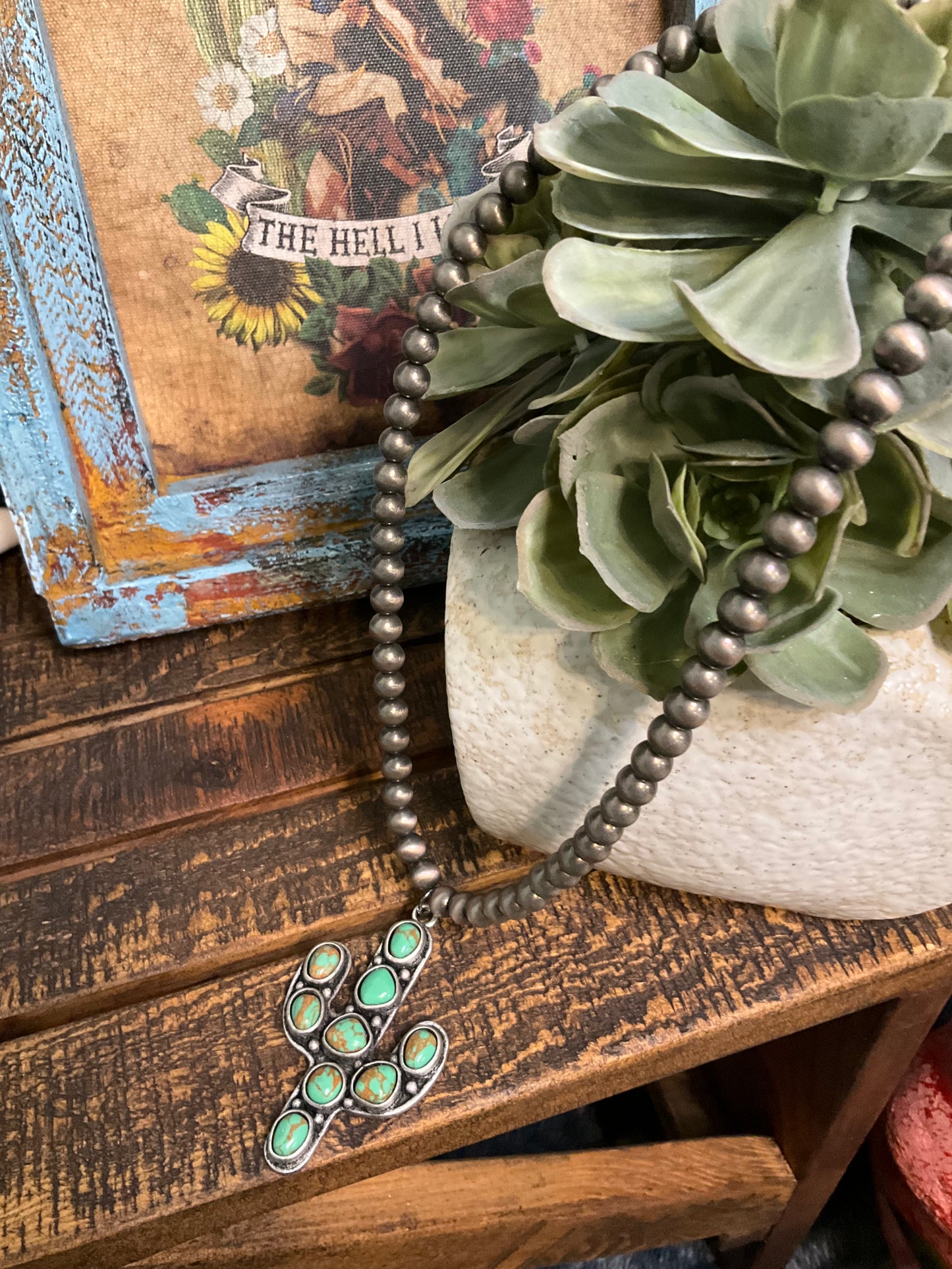 Desert Daze Necklace with faux silver beads featuring a saguaro cactus pendant in faux green turquoise stones – boho western necklace for women
