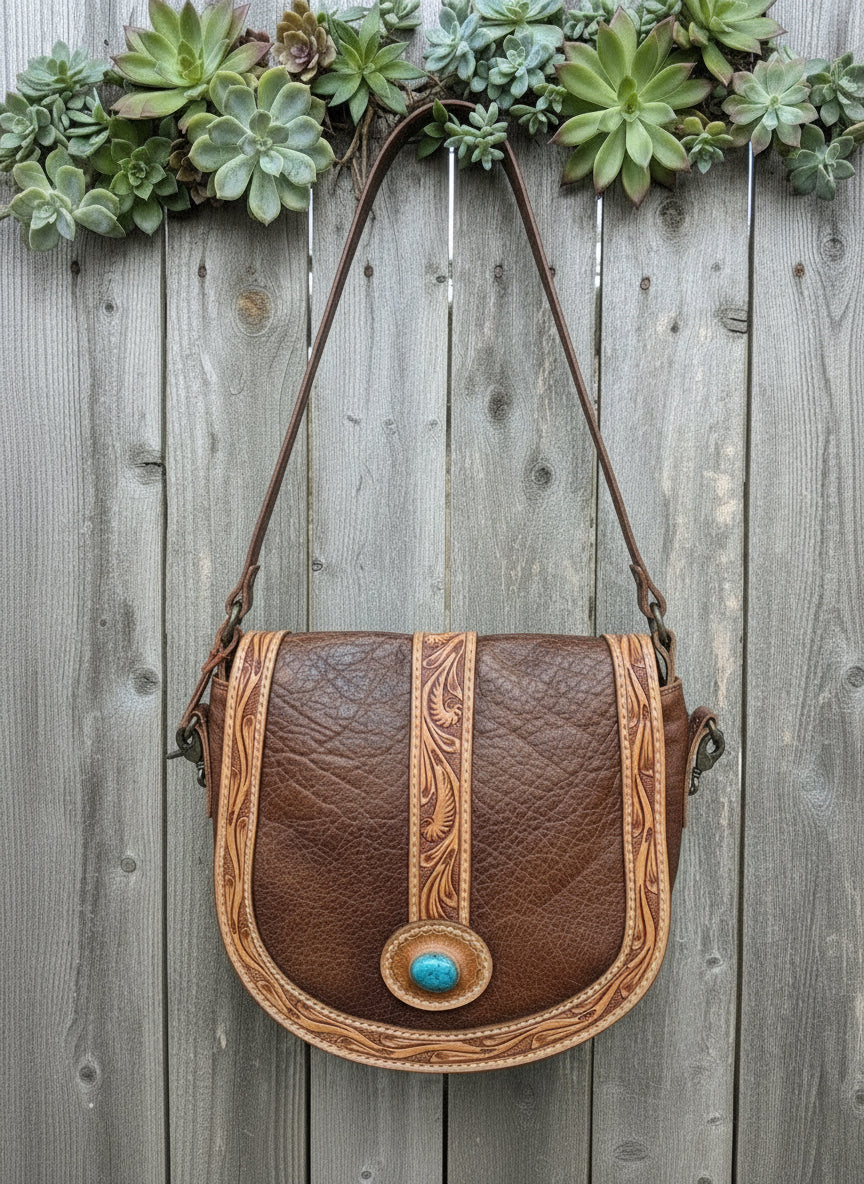 American Darling Cisco Bag with hand-tooled full-grain leather, turquoise stone focal point, and genuine leather shoulder strap