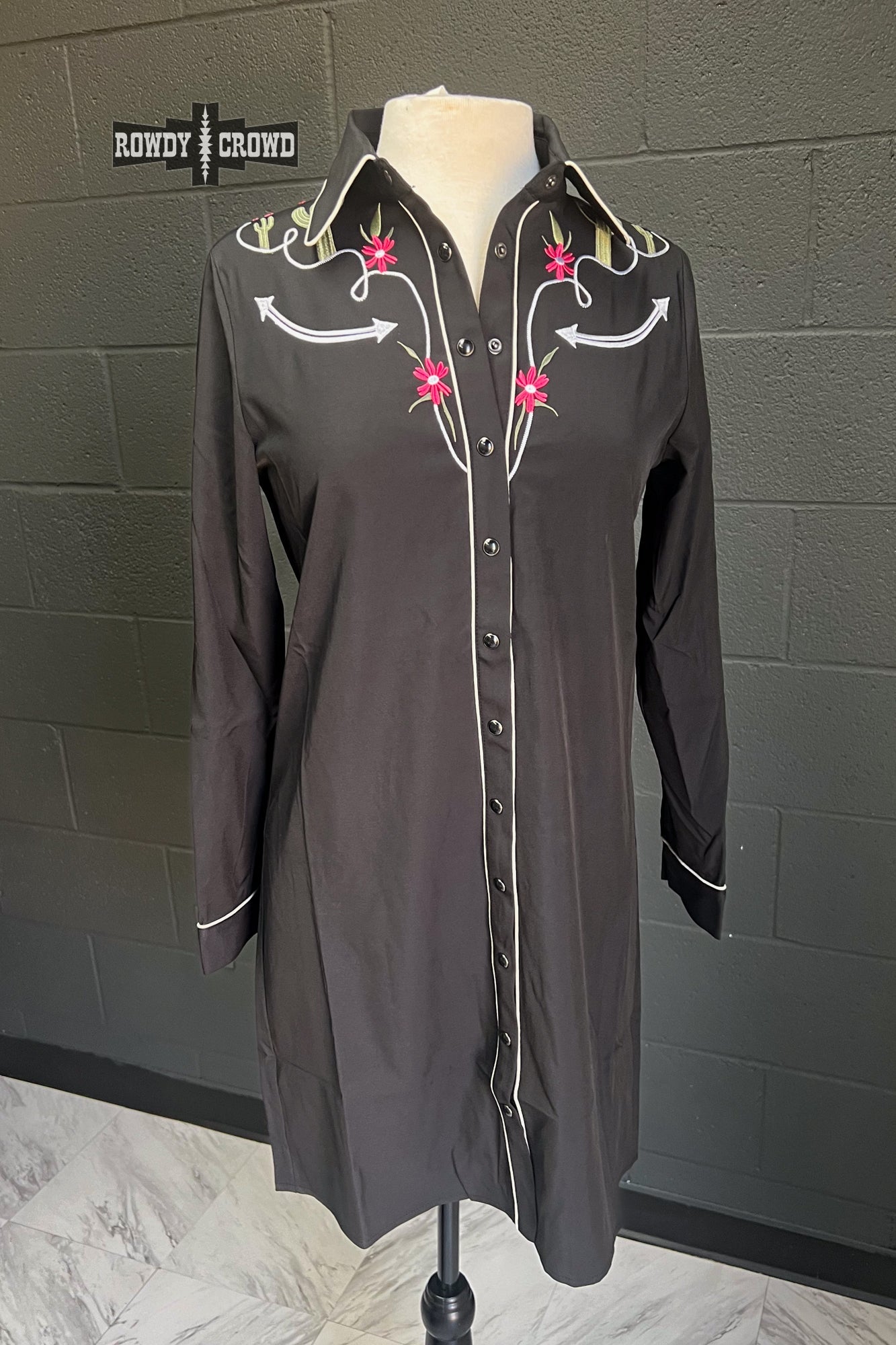 black pearl snap long sleeve western shirt dress with white piping cactus and floral embroidery