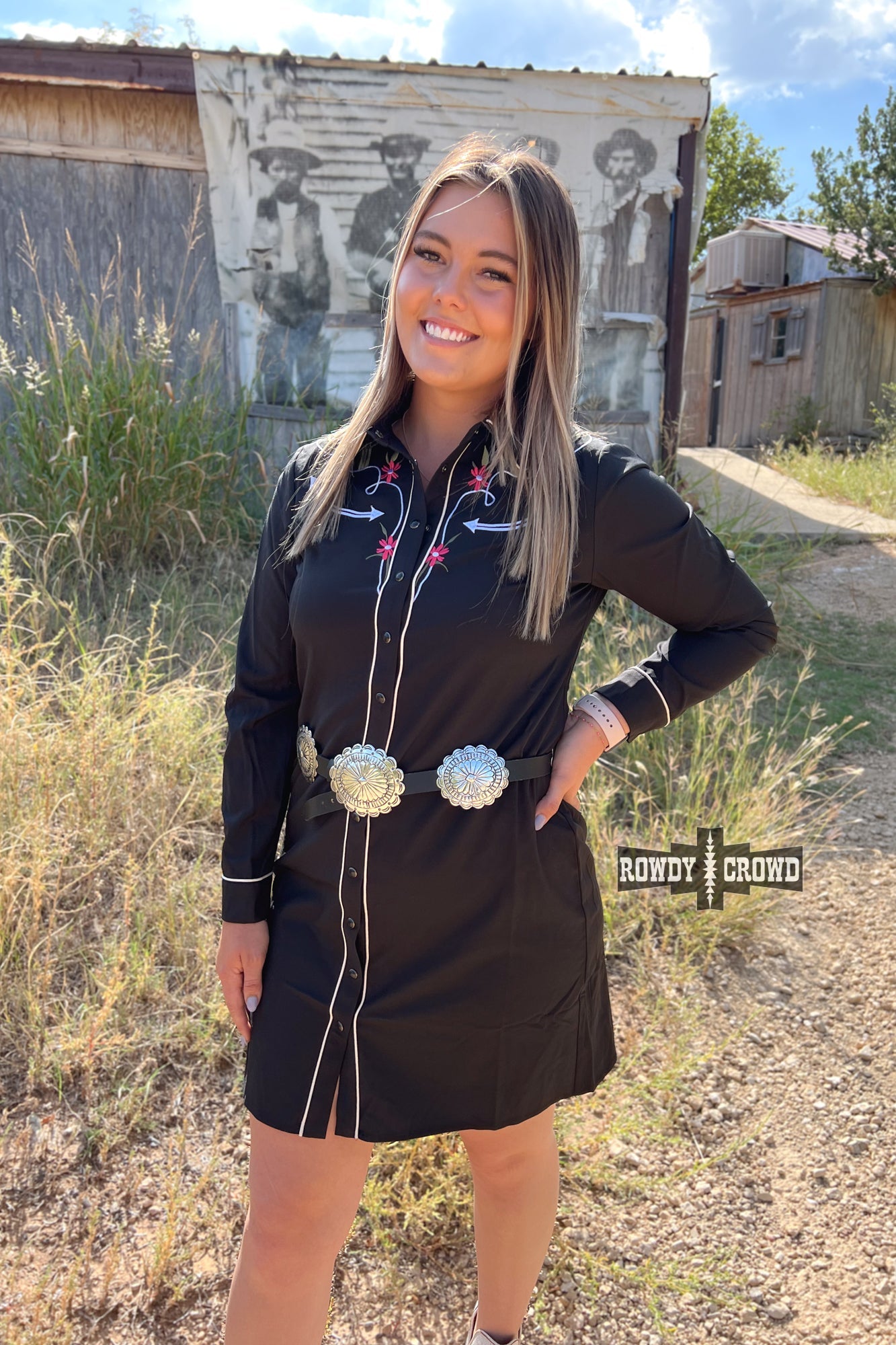 black pearl snap long sleeve western shirt dress with white piping cactus and floral embroidery