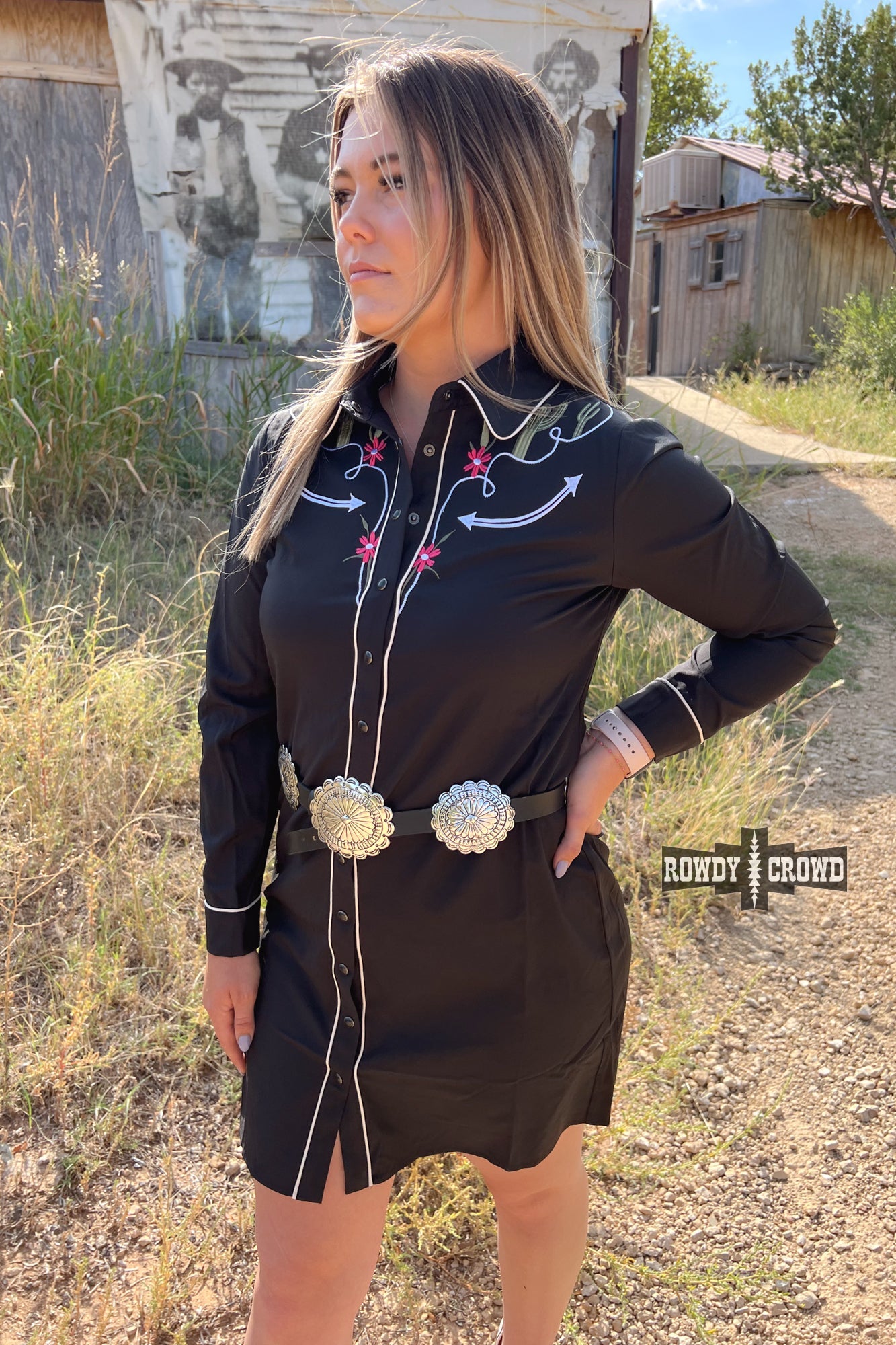 black pearl snap long sleeve western shirt dress with white piping cactus and floral embroidery