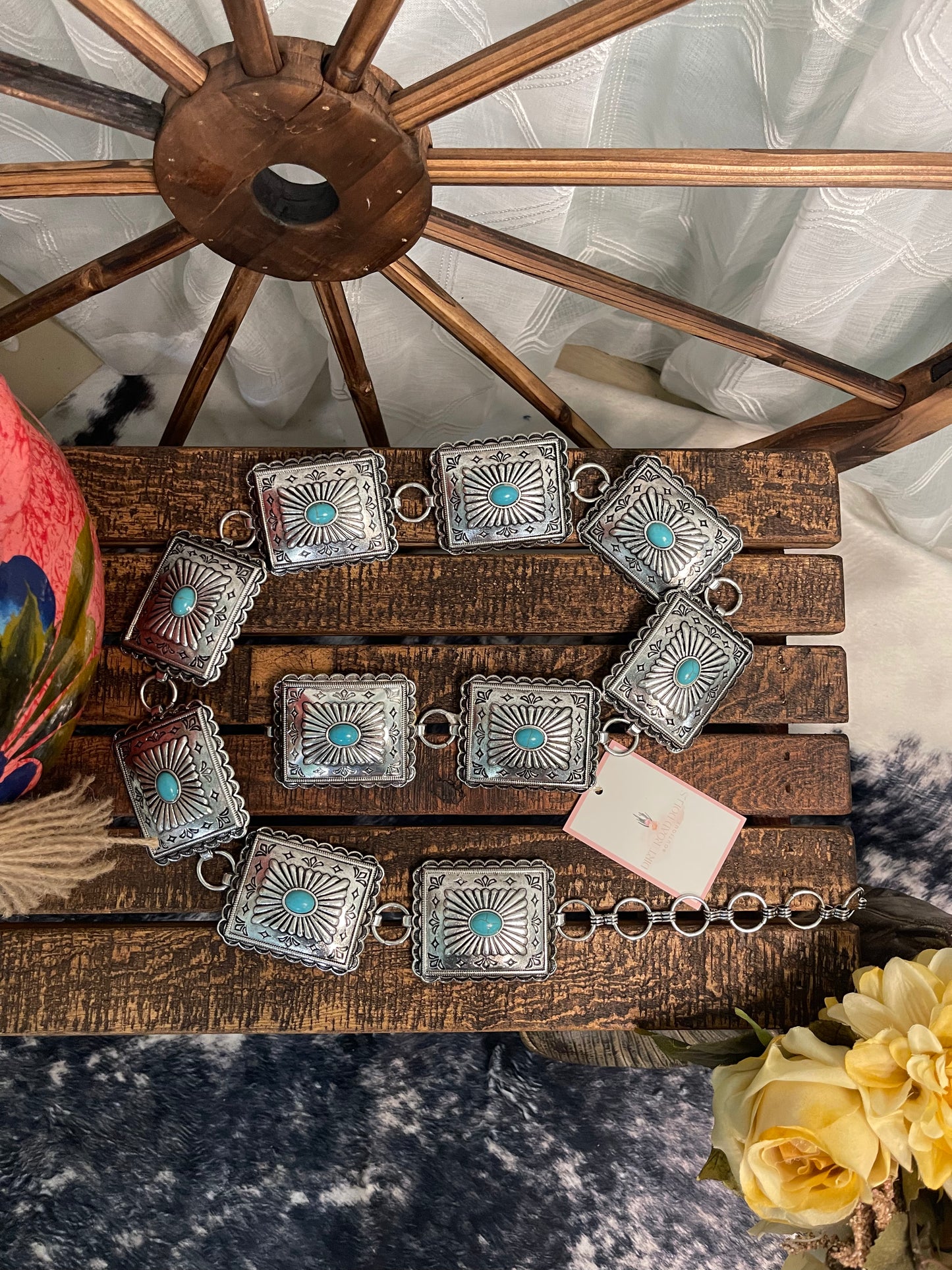 Mesquite Belt with square western concho design, accented with turquoise stones.