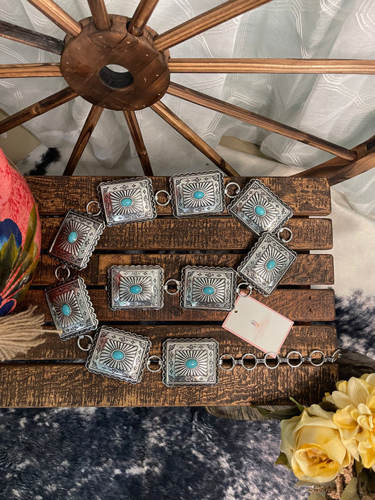 Mesquite Belt with square western concho design, accented with turquoise stones.