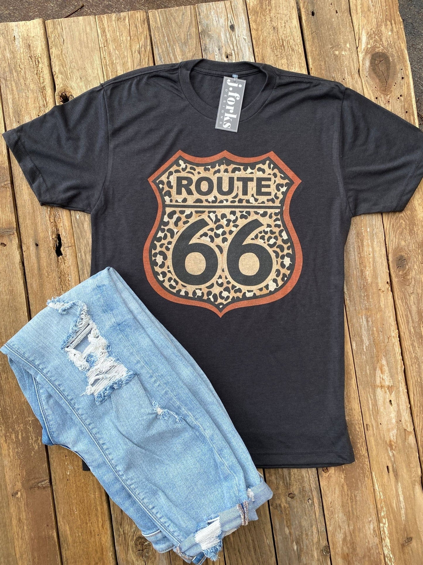 Graphite Bella Canvas Route 66 Tee featuring a leopard print Route 66 graphic