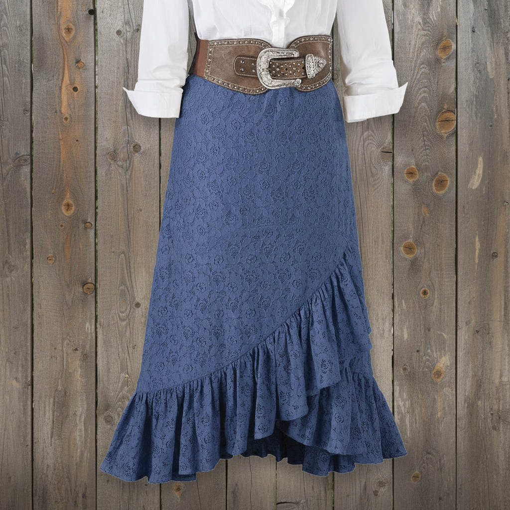 Wildflower Lace Skirt featuring a feminine pull-on design with crossover front, ruffled hem, fully lined lace fabric, and flowy mid-length silhouette