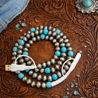 Boutique 4-in-1 fast phone charger in cowboy pearl and turquoise print with western-inspired design and multi-device compatibility