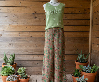 tan western trousers with cactus and retro cowboy print relaxed fit full length pants with pockets boutique outfit