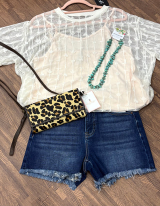 Sweetwater Lace Top with western lace pattern of boots, hats, and saddles – short sleeve round neck blouse with matching cami, relaxed fit.  Shown in white
