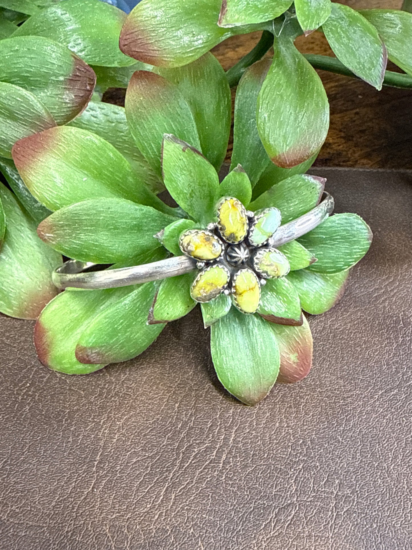 Sterling silver cuff bracelet with Palomino turquoise cluster design, artisan one of a kind piece