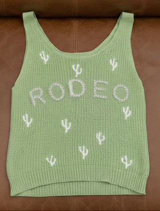 sage green knit sweater tank top with rodeo lettering and cactus embroidery western boutique sleeveless top