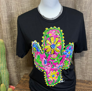 Floral cactus graphic tee featuring colorful artwork by Callie Ann Stelter on black Bella Canvas shirt
