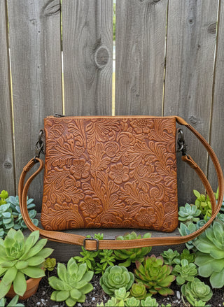brown tooled leather crossbody bag with floral embossed design western boutique purse