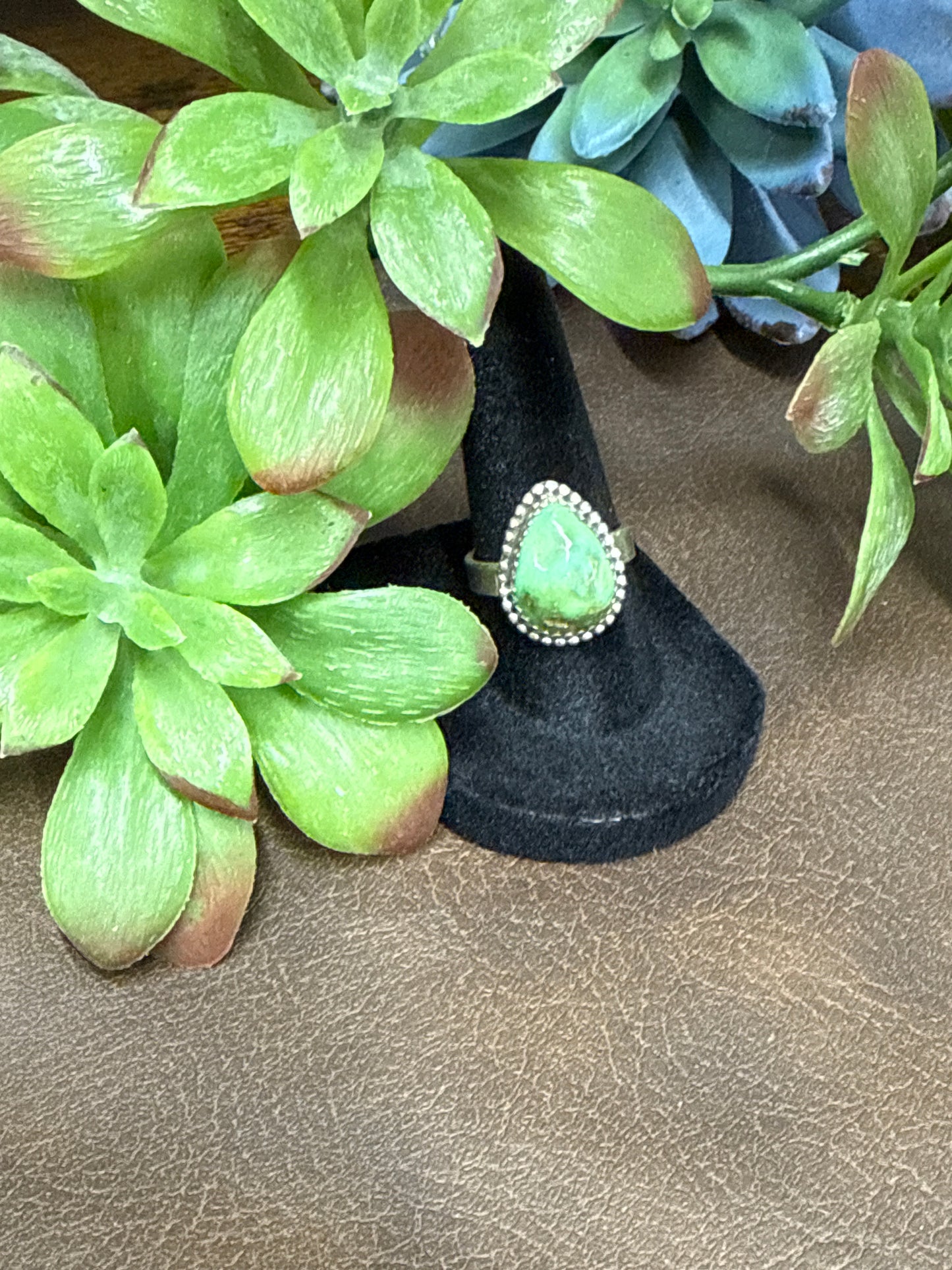 Turquoise teardrop ring in sterling silver with rope detail, handmade western style statement ring