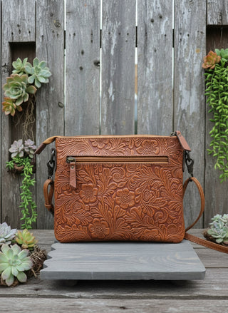 brown embossed leather crossbody bag western style floral pattern boutique accessory