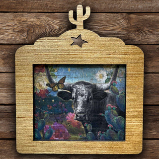 Longhorn canvas wall art with floral accents cactus details and rustic wood frame