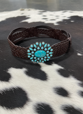 Brown western leather belt with wide braided strap and statement turquoise buckle