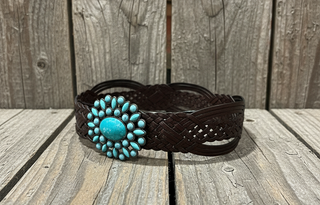 Black braided leather belt with antique brass turquoise buckle western style accessory
