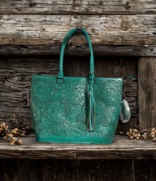 large genuine leather tote bag western style with shoulder strap and zipper closure