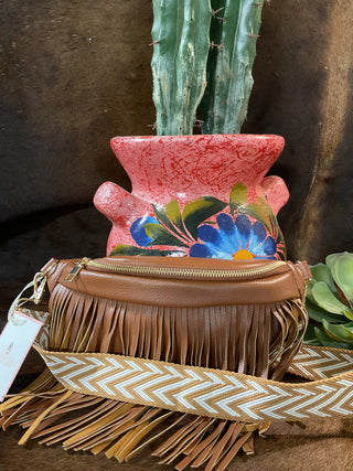 Nora Crossbody Sling in vegan faux leather with nylon guitar strap and removable fringe
