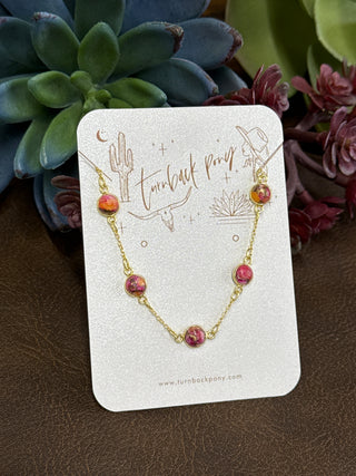Pink dahlia station bracelet on gold plated sterling silver chain, delicate feminine boutique jewelry
