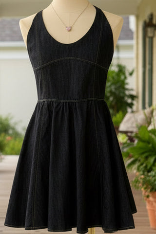 Dark wash denim mini dress with fitted bodice and flared skirt, contrast stitching boutique dress