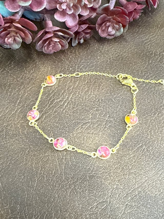 Lightweight pink dahlia bracelet with gold chain, soft everyday layering jewelry piece