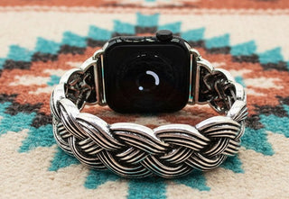 Silver-toned Apple Watch replacement band with braided design
