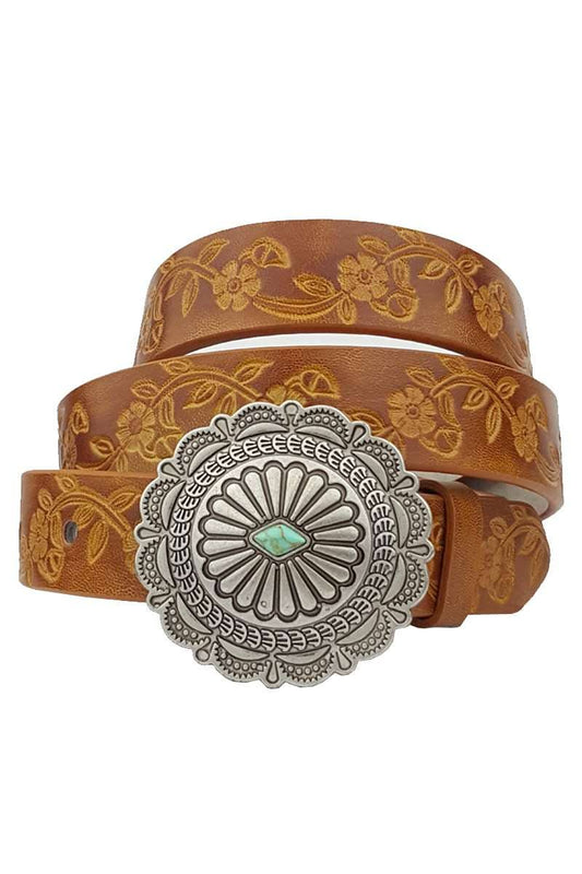 Western-style Easton Belt with hand-painted leatherette, oval stone-accented buckle, and beige leather lining – adjustable unisex belt in multiple sizes