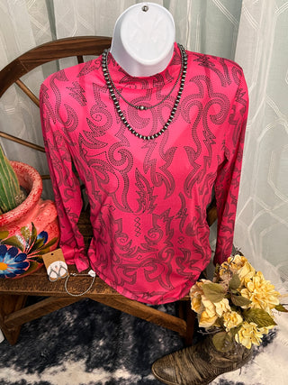 Women's western mesh top in vibrant pink with boot stitch pattern