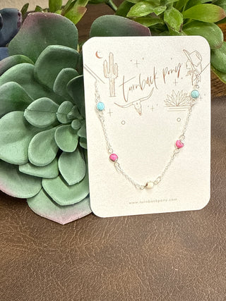 Turquoise and pink dahlia station bracelet on sterling silver chain, lightweight layered boutique jewelry
