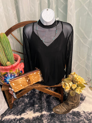 Sheer black fitted mesh top perfect for layering with western and everyday outfits